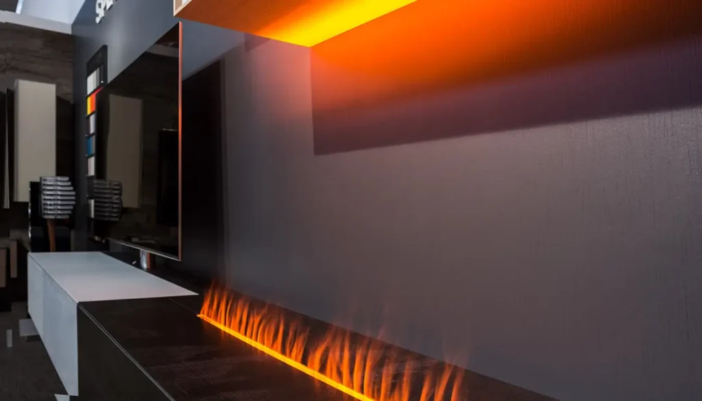 Beleuchtung mit Feuerimitat an einer Wand